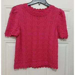 Anthropologie womens medium puffer sleeve crochet knit rose pink to scalloped